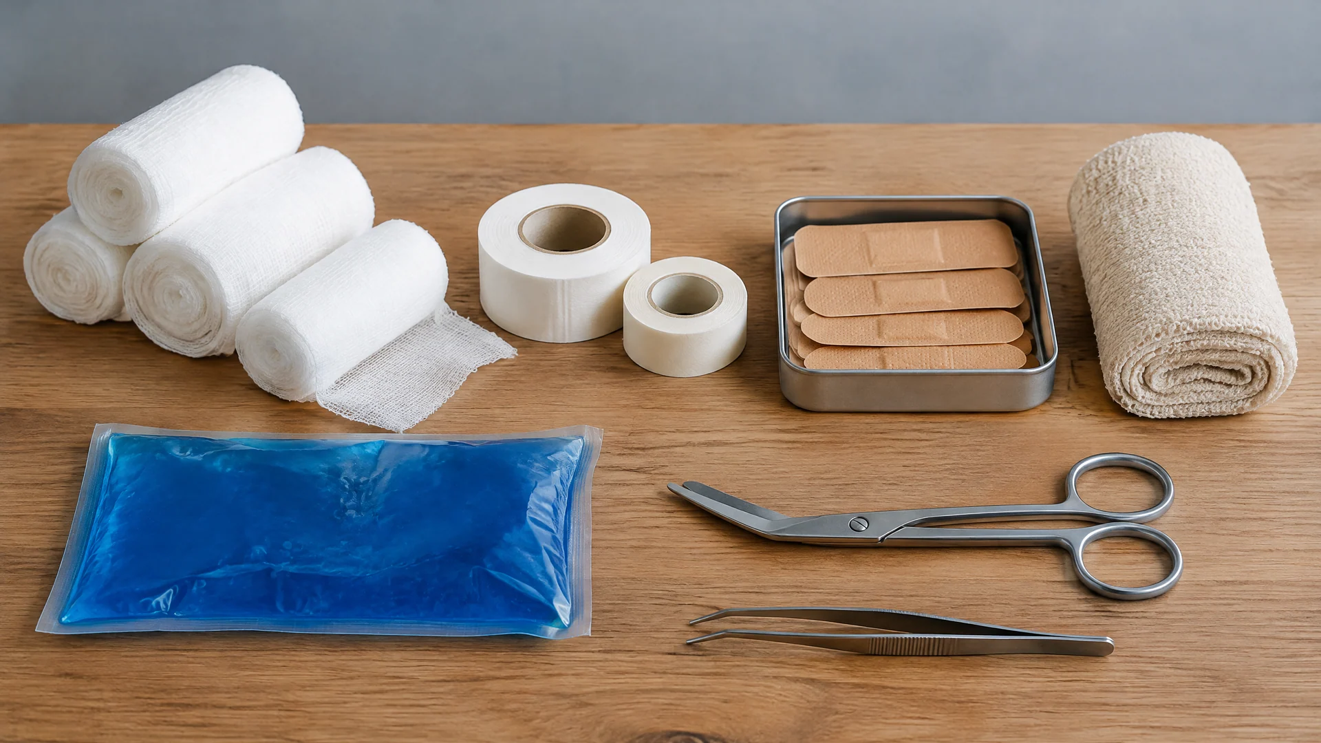 Gauze rolls, tape, a bandage tin, scissors, tweezers and a blue hot/cold pack laid out on a table