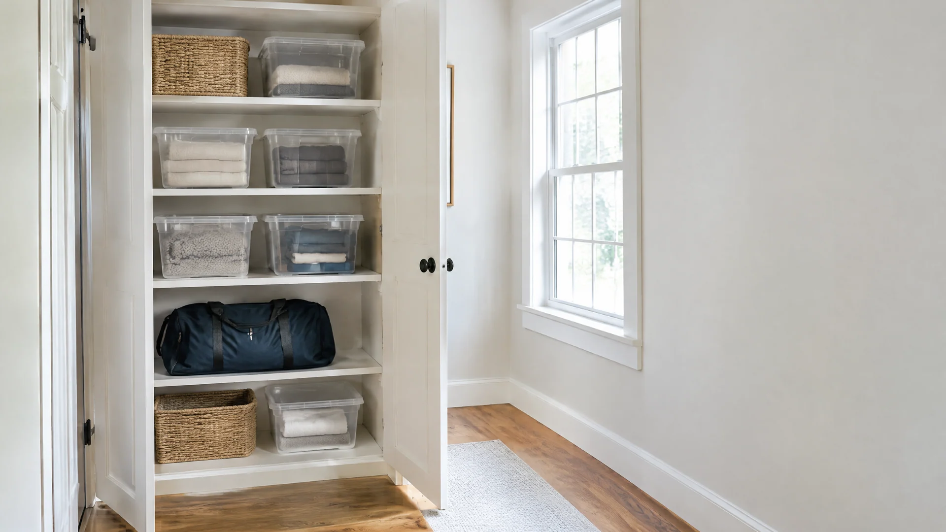 Hallway closet with white shelves, clear bins and a navy duffel bag