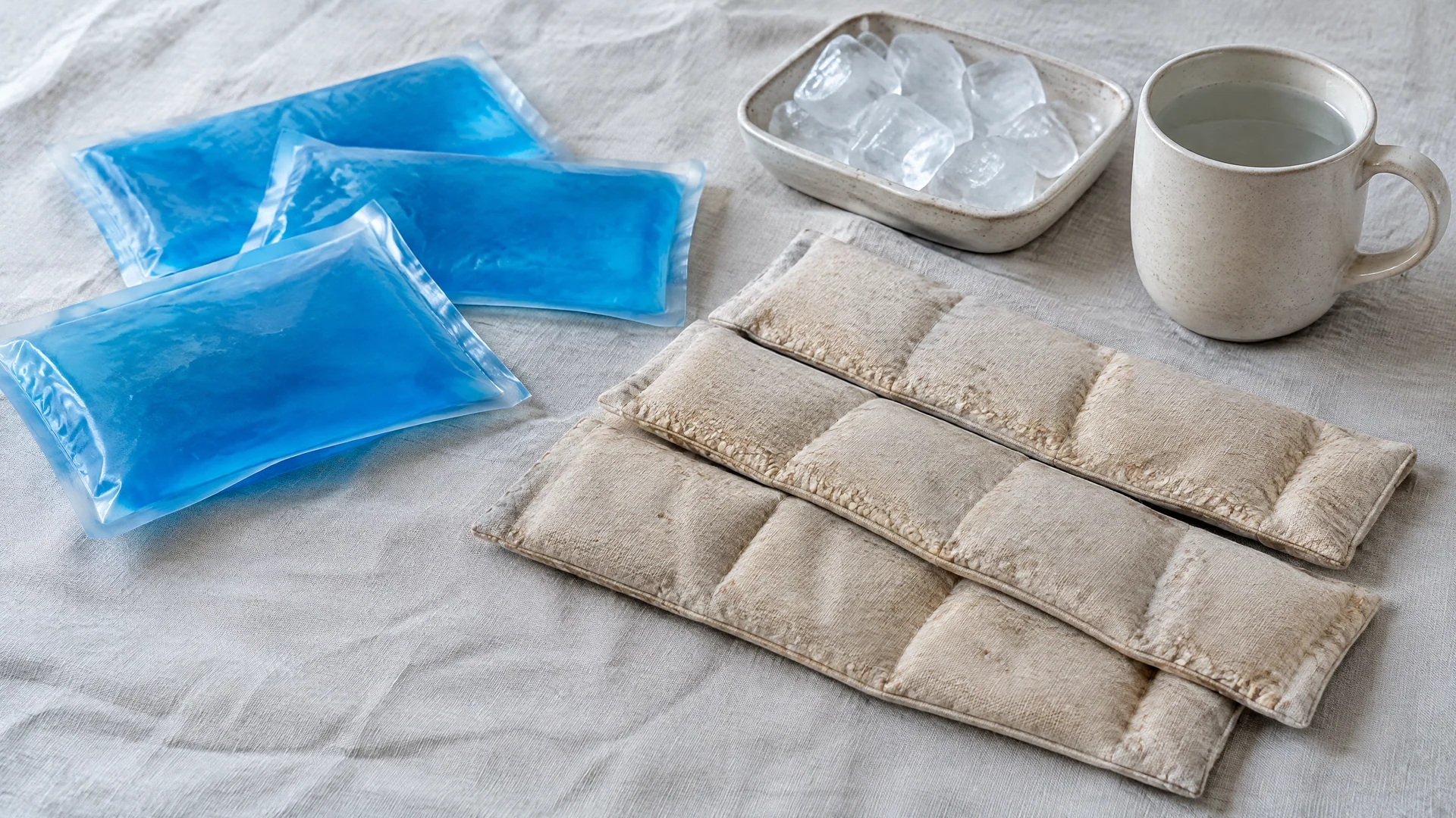 Blue hot/cold packs and soft padded wraps on a light surface beside a dish of ice and a mug