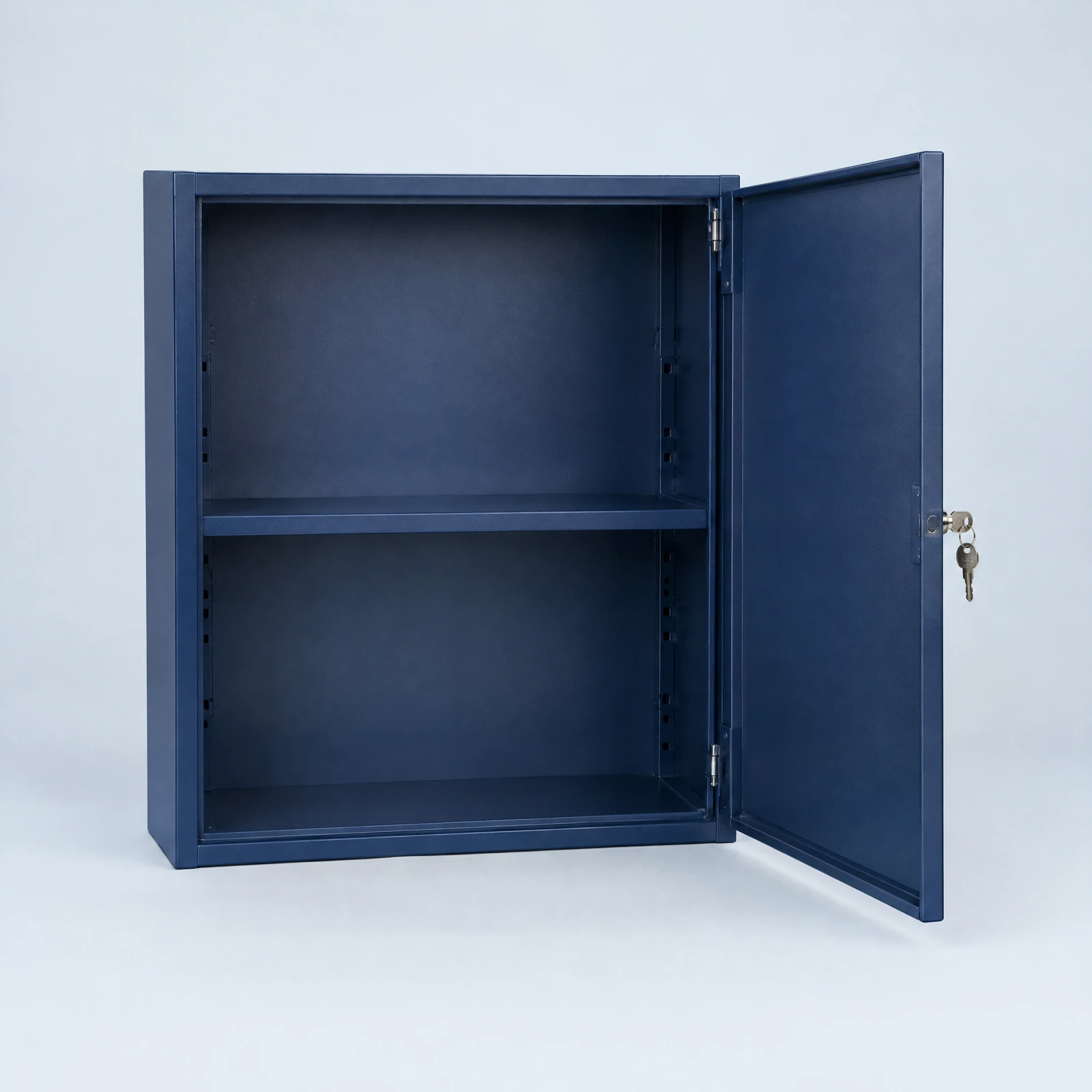 Navy wall cabinet with the door open showing a shelf, two compartments and a keyed lock